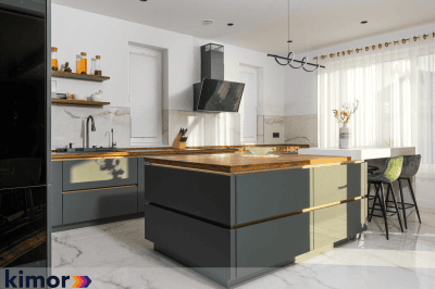 Insulă cu spații depozitare pe două laturi, hotă